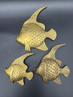 Vintage Set Of 3 Angel Fish Brass Wall Hangings MCM Retro Nautical Tropical